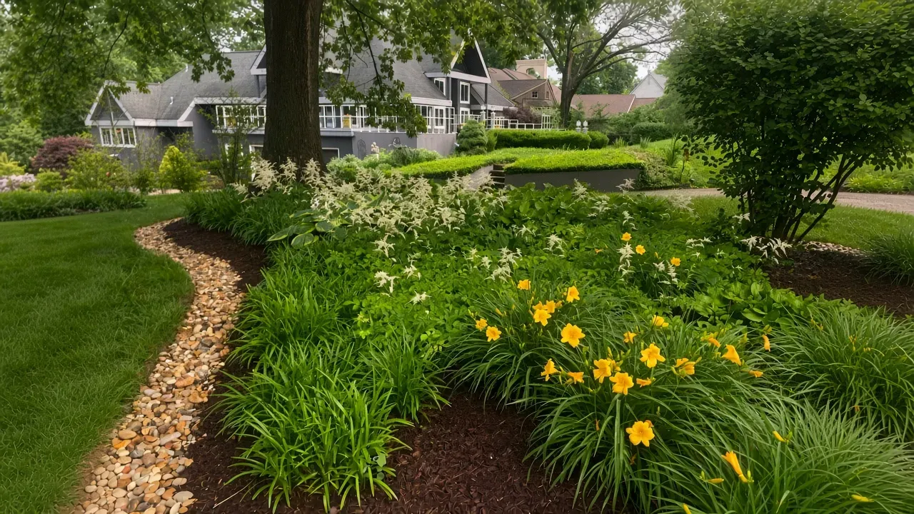 Sunlit garden with yellow flowers, green shrubs, and a curved mulch path beside a suburban lawn