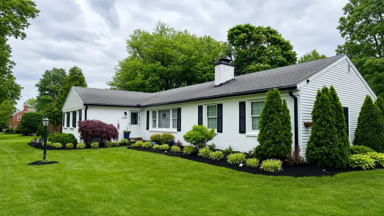 White ranch house with green shutters and a manicured lawn under an overcast sky