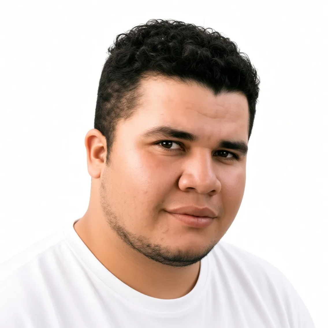 Portrait of a man with short curly hair wearing a white shirt against a white background
