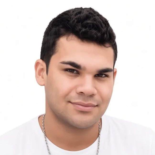 Portrait of a man with short dark hair, wearing a white shirt and silver chain against a white background