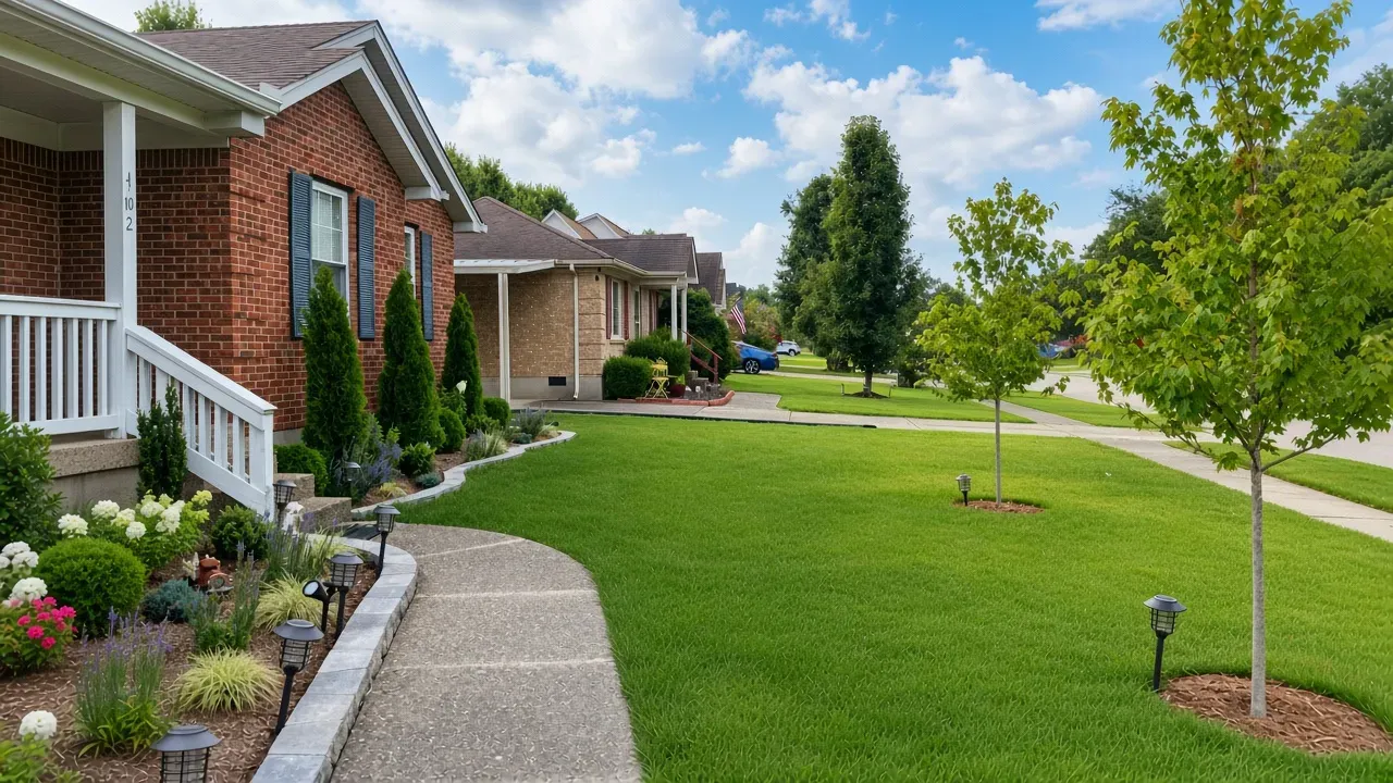Brick townhouse row with manicured green lawns, curved sidewalk, and trees under a blue sky