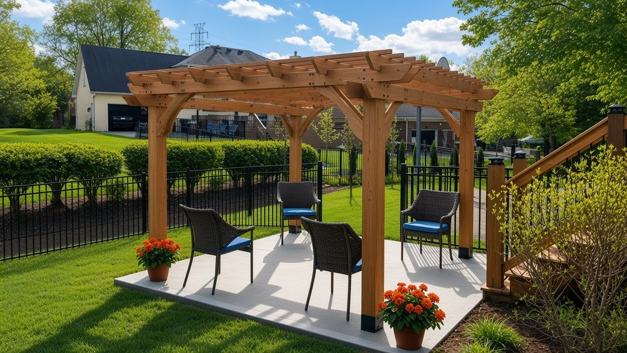 Wooden pergola with black chairs and potted flowers on a patio in a sunny backyard