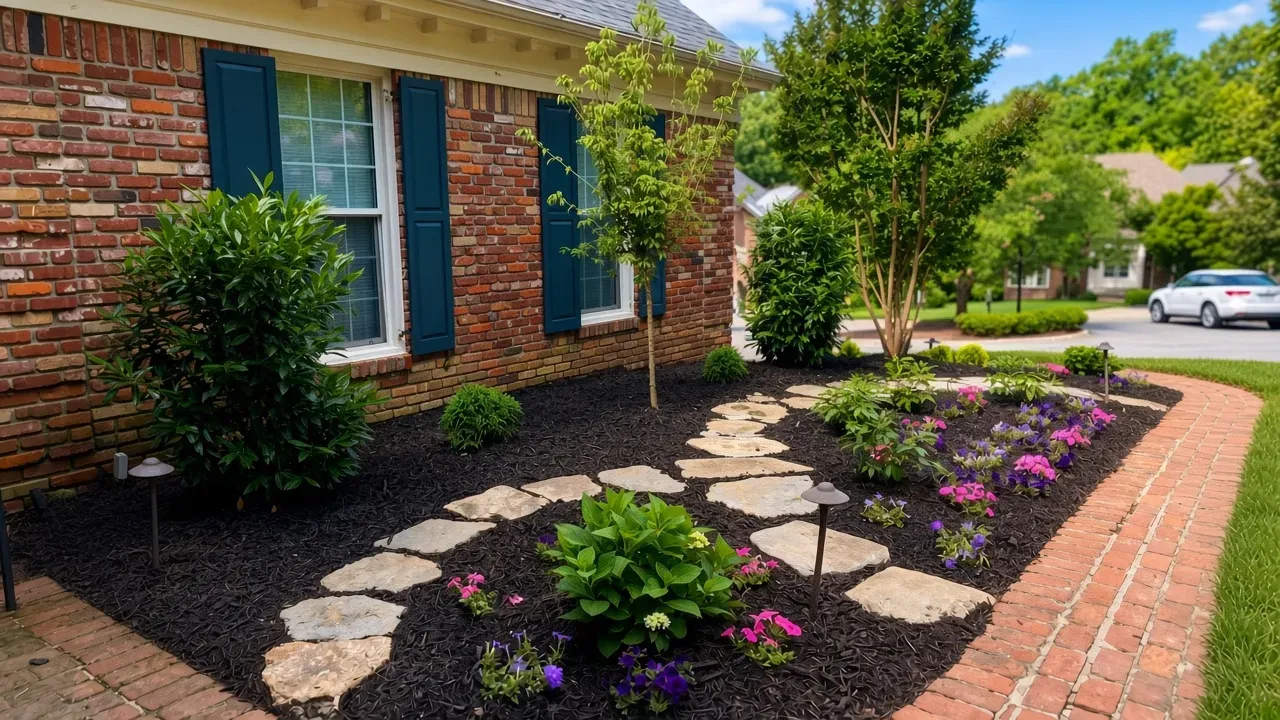 Brick house front yard with landscaped flower bed, stepping stones, and shrubs under sunny skies