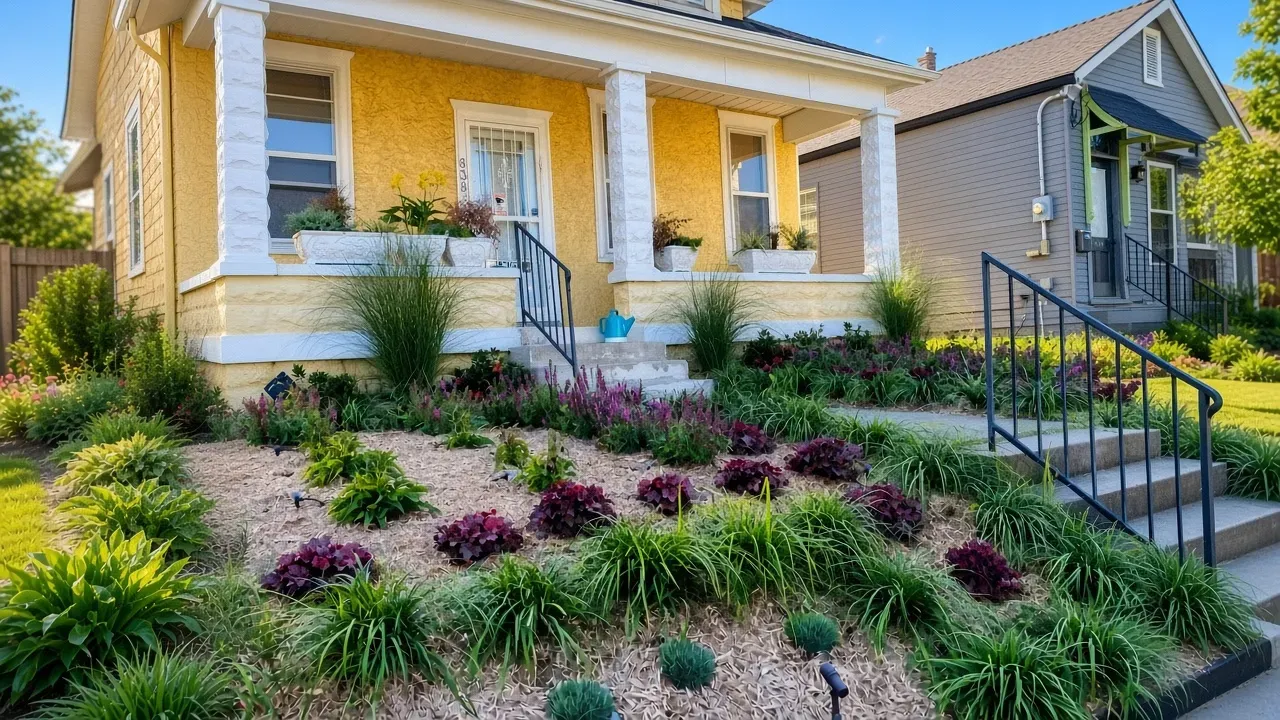Yellow house with white porch, front steps, and landscaped garden with purple flowers