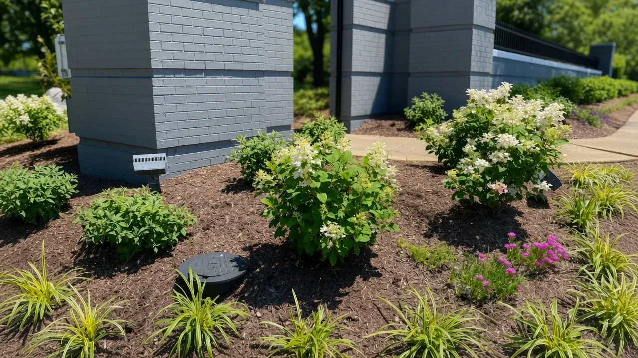 Landscaped garden beds with shrubs and flowering plants beside a modern building
