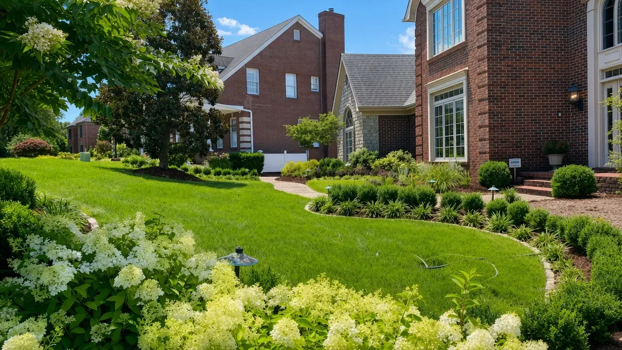 Brick house with manicured green lawn, white flowers, and a sunny landscaped garden path