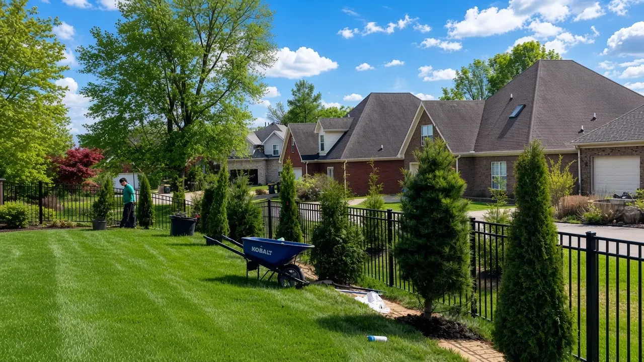 Sunny suburban yard with manicured lawn, trees, hedges, and houses under a blue sky