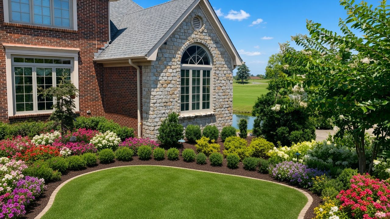 Two people planting a landscaped flower bed beside a brick house and green lawn.