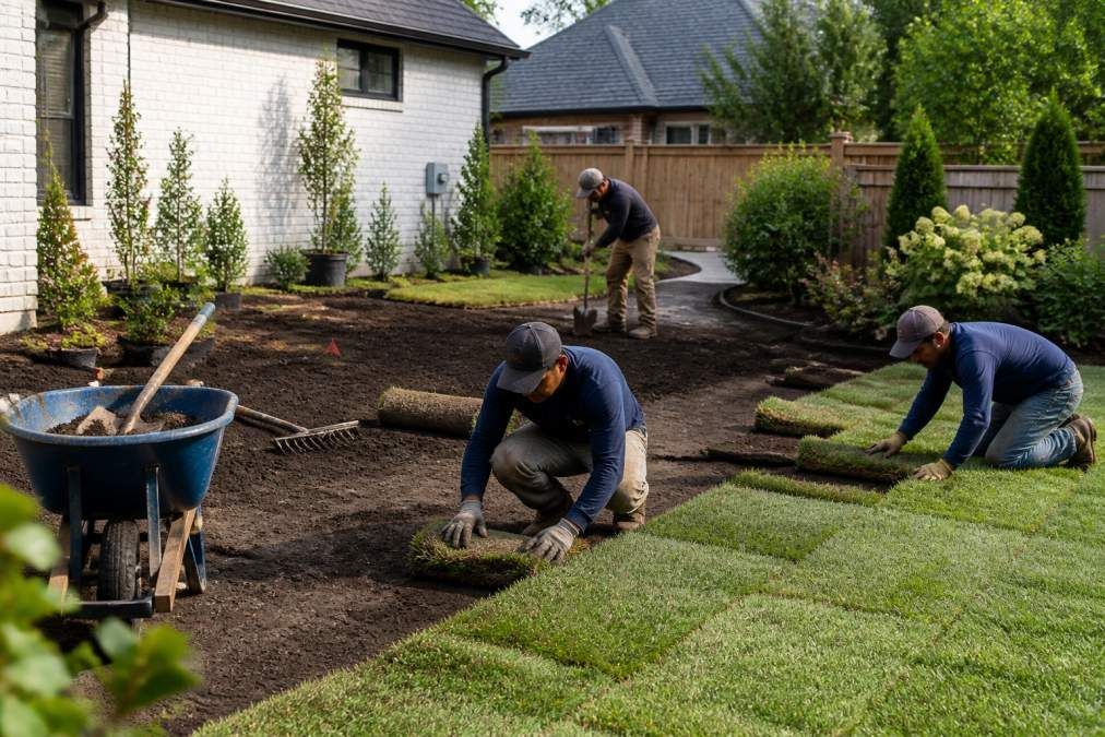 Step-by-step diagram of a professional crew installing plants and sod to help manage total landscaping cost.