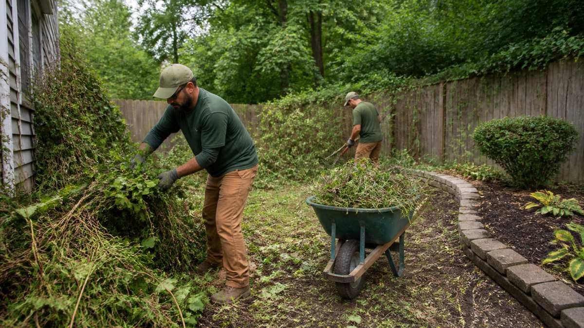 A landscaping crew in work clothes clearing overgrown brush and tangled vines from a residential backyard, with a wheelbarrow of clippings and a partially cleared planting bed visible behind them
