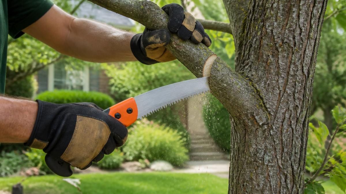 Professional arborist's hands making a precise cut on a tree branch with a pruning saw, showing proper 45-degree angle and proximity to branch collar, with wood chips visible