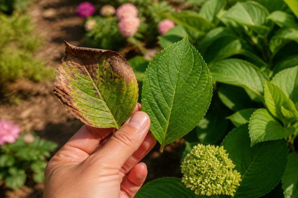 Gardener holding a healthy green leaf next to one with hydrangea leaves brown and crispy edges in a sunny garden