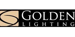 Golden Lighting logo with black text and beige abstract icon on a black-and-white background