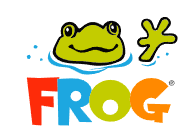 Frog brand logo with a green cartoon frog above colorful letters FROG