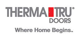Therma-Tru Doors logo with gray text, a red door icon, and the slogan “Where Home Begins.”