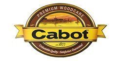 Cabot Premium Woodcare logo on a brown circular badge with a gold banner and red landscape background