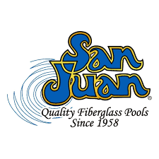 San Juan Quality Fiberglass Pools logo with blue and gold lettering and water swirl accents