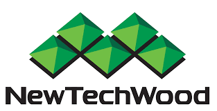 NewTechWood logo with green geometric roof shapes above black text