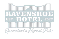 Logo for Ravenshoe Hotel, white text on light blue background. Reads 