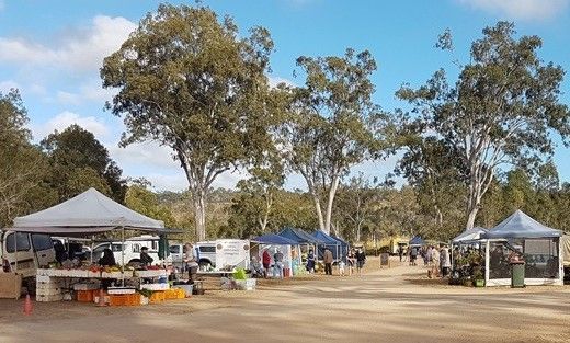 Outdoor market with tents and stalls under trees on a sunny day.
