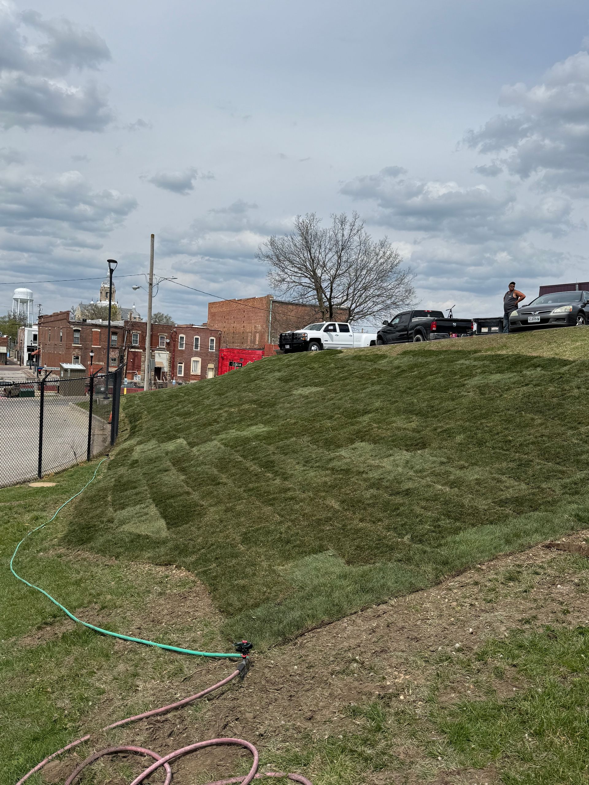 Grassy hillside beside a chain-link fence, with parked cars and brick buildings under a cloudy sky.