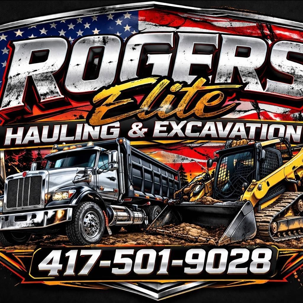 Rogers Lite Hauling & Excavation logo with dump truck, excavator, American flag, and phone number 417-501-9029