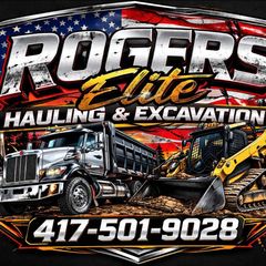 Rogers Lite Hauling & Excavation logo with dump truck, excavator, American flag, and phone number 417-501-9029