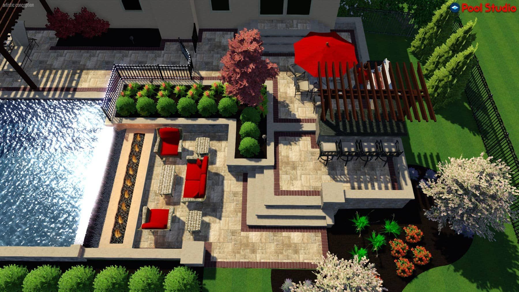 Modern backyard patio with swimming pool, red lounge chairs, pergola, and landscaped steps