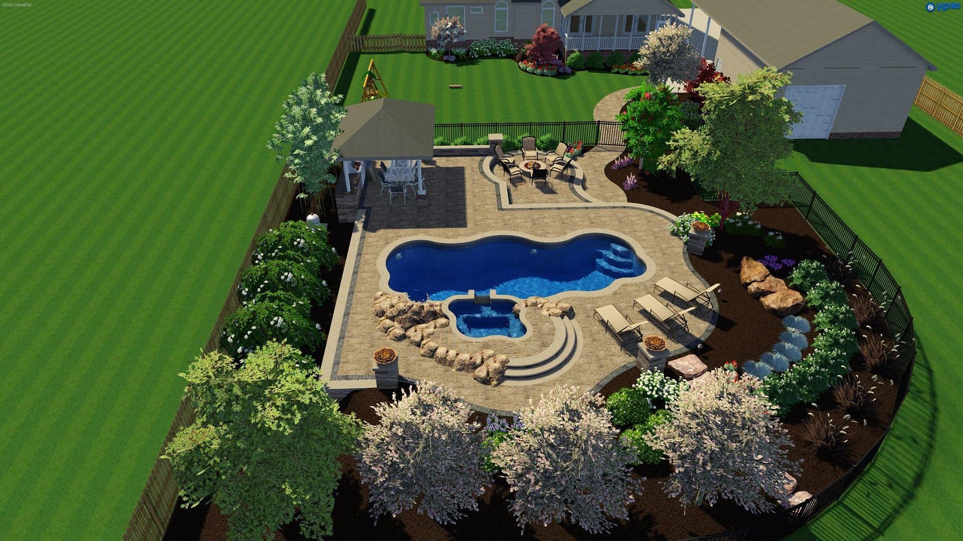 Backyard patio with a blue pool, lounge chairs, and landscaped flower beds surrounded by a fenced garden