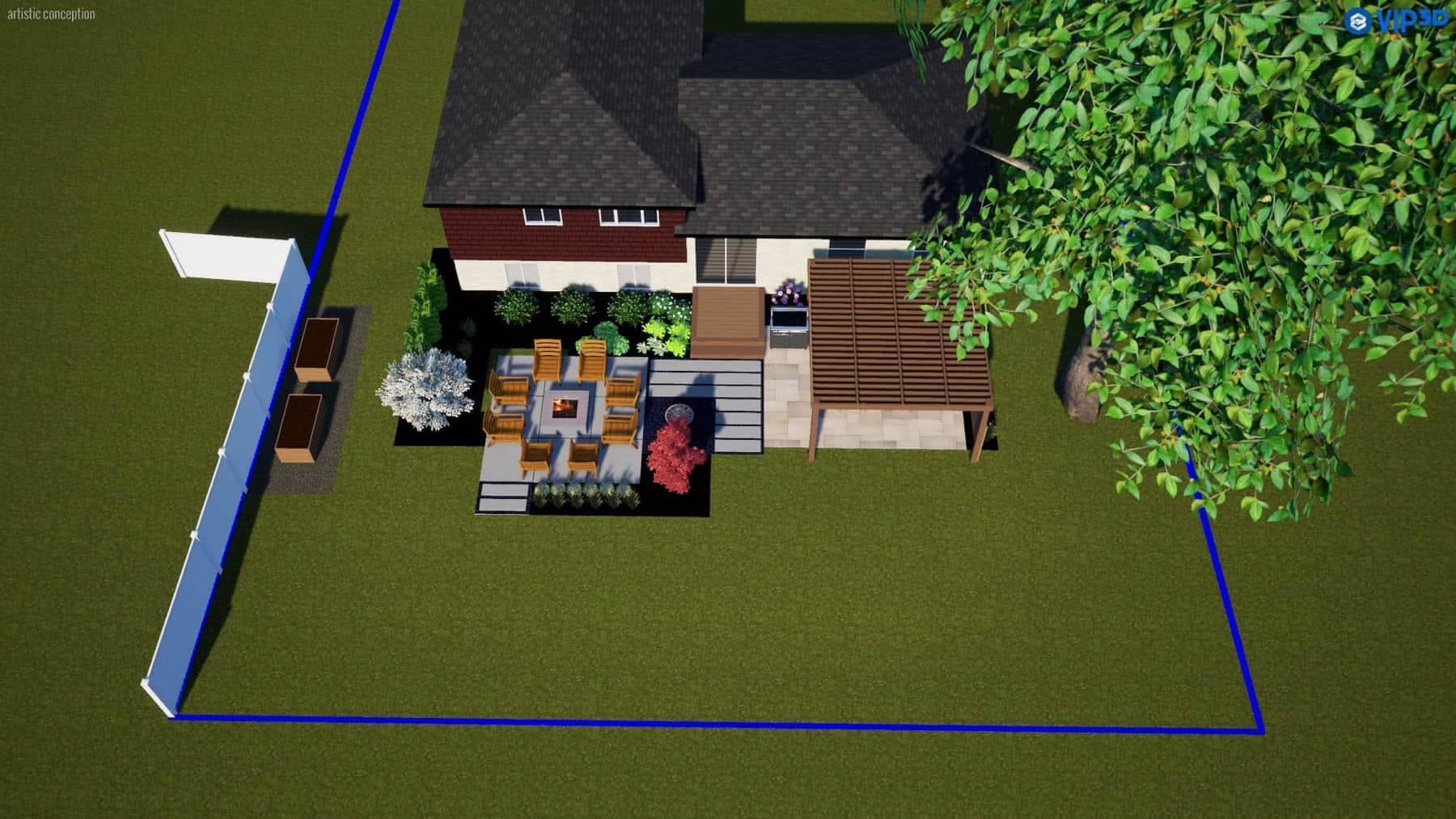 3D rendering of a house with a backyard patio, lawn, trees, and a fence. Brown and green tones.