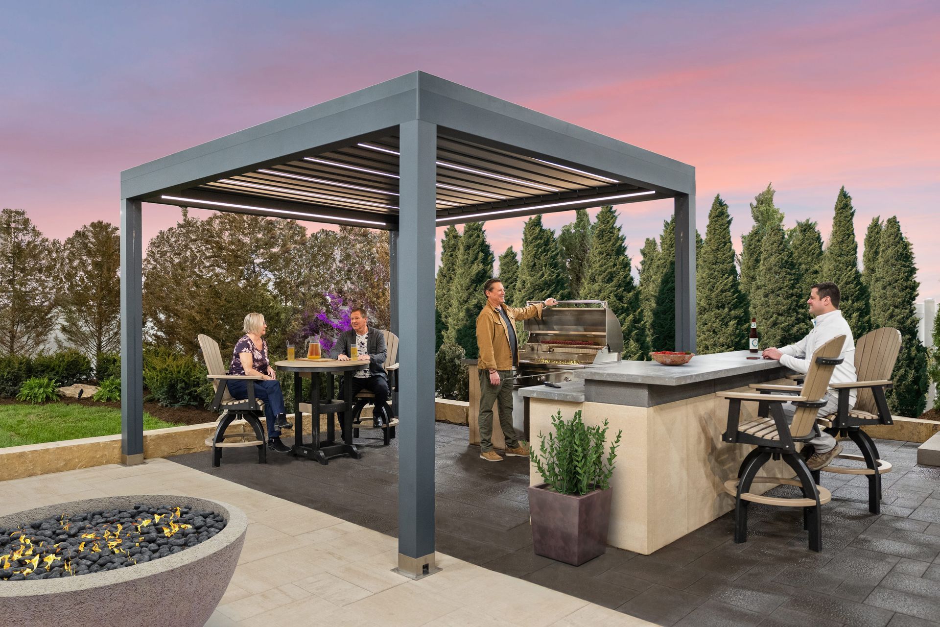 Outdoor patio with a pergola, bar, and a group of people socializing.