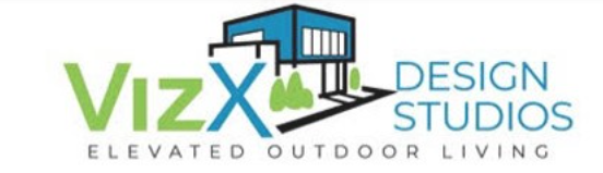 Logo for VizX Design Studios featuring a modern blue house and green text.
