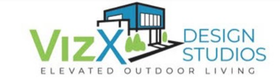 Logo for VizX Design Studios: a teal building with a green 'VizX' and the words 'Elevated Outdoor Living'.