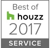 Best of Houzz 2017 award logo, green house icon, grey text and a
