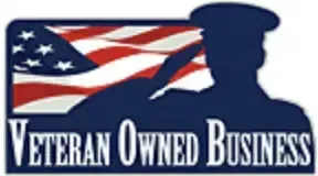 Silhouette of a saluting soldier with an American flag backdrop, text: Veteran Owned Business.