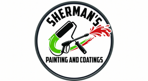 Sherman’s Painting and Coatings logo with paint roller, brush, and green and red paint accents