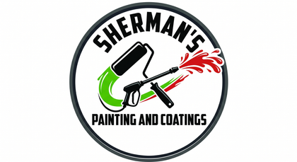 Sherman’s Painting and Coatings logo with paint roller, brush, and green and red paint accents
