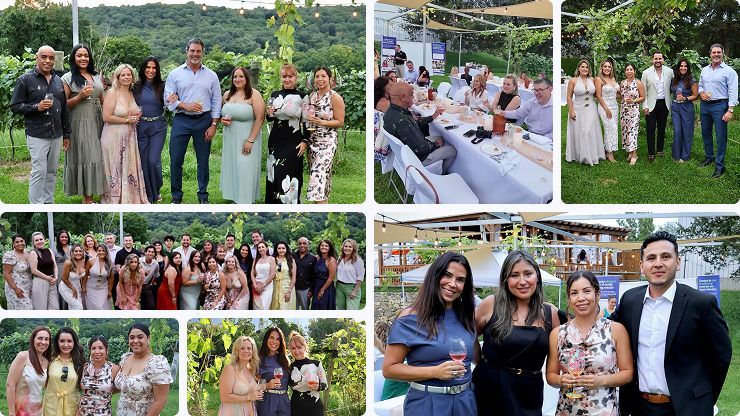 Group photos at an outdoor garden event, with people smiling and standing together at tables and greenery.