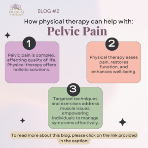 Blog post on physical therapy for pelvic pain: pink, orange, and green boxes describe benefits.