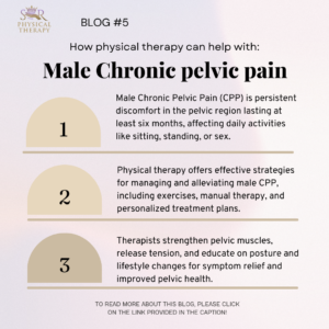 Infographic on physical therapy for male chronic pelvic pain: It explains symptoms, strategies, and how therapy helps.