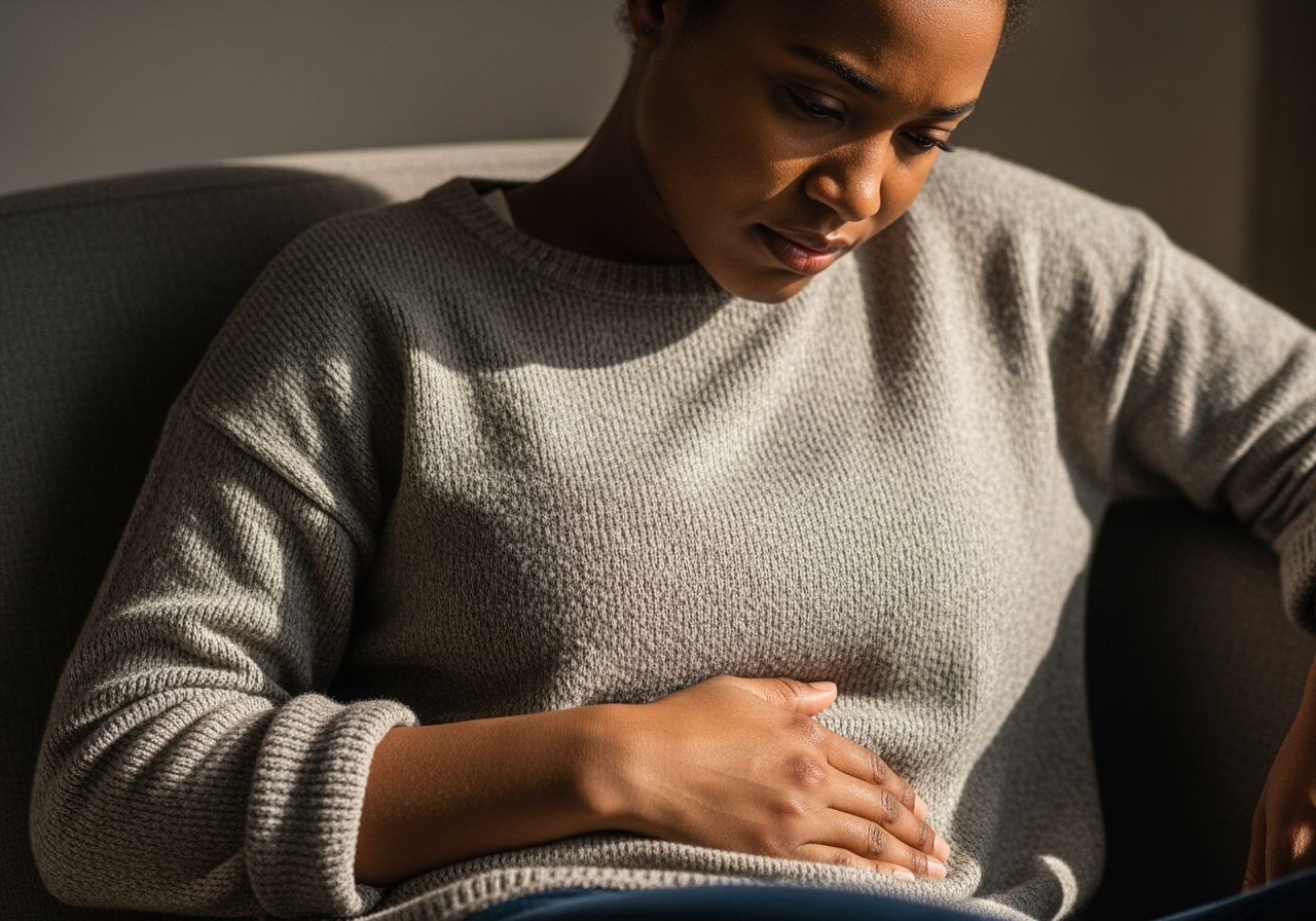 Woman clutching abdomen, possibly in pain, sitting indoors.