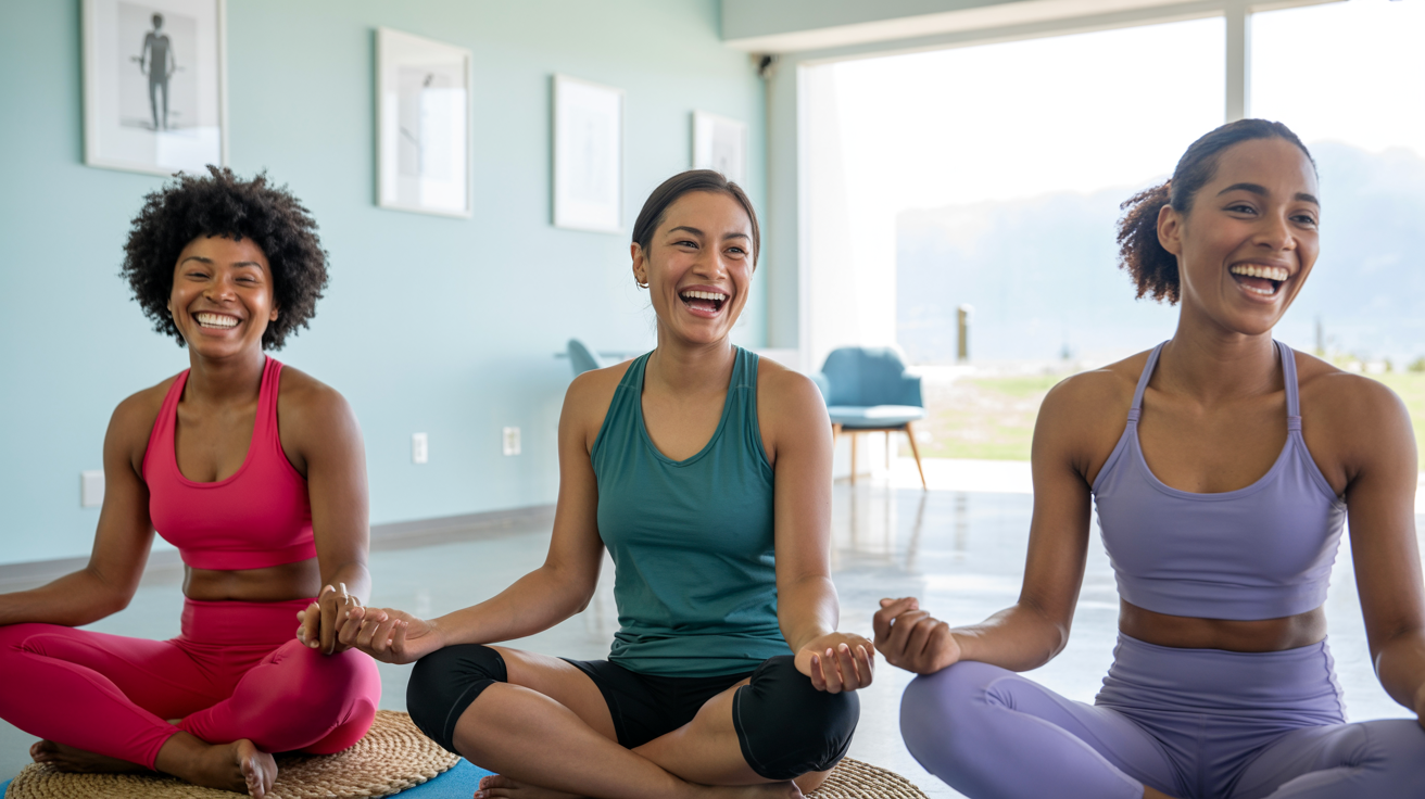 Three smiling women in yoga outfits seated on mats, hands clasped, in a light-filled studio.