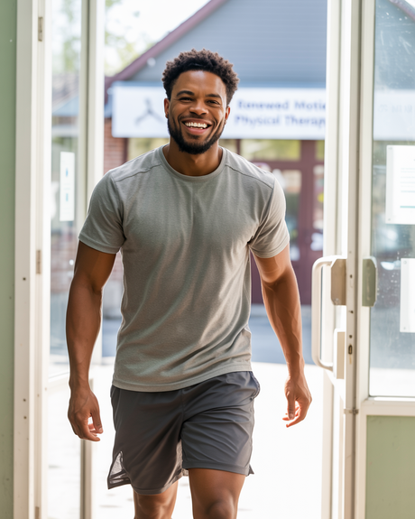 Smiling Black man in athletic wear exiting physical therapy clinic.