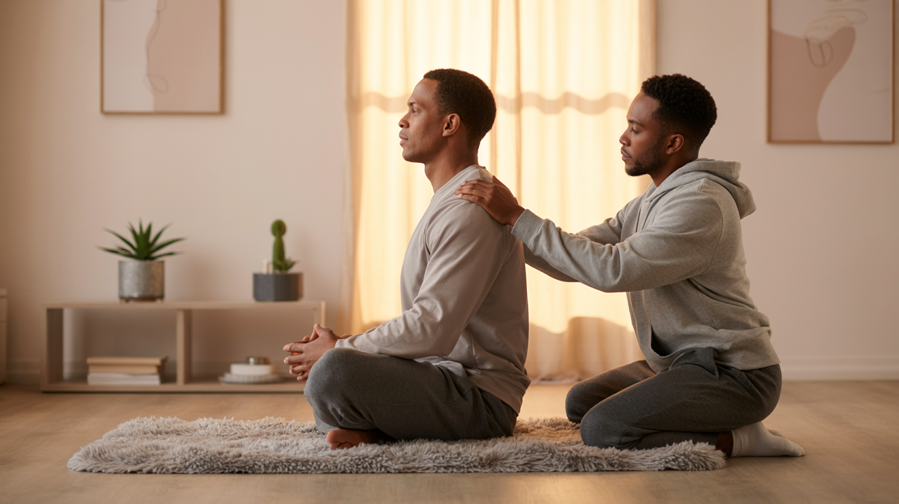 Two men in a bright room, one giving shoulder massage to the other in a meditative pose.