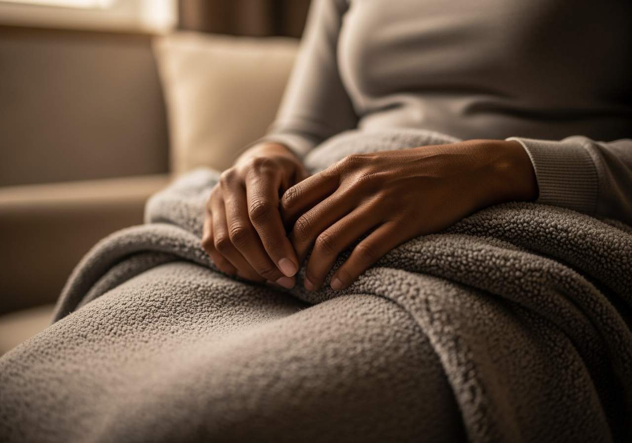 Woman sitting, hands clasped under a soft, gray blanket; neutral setting.