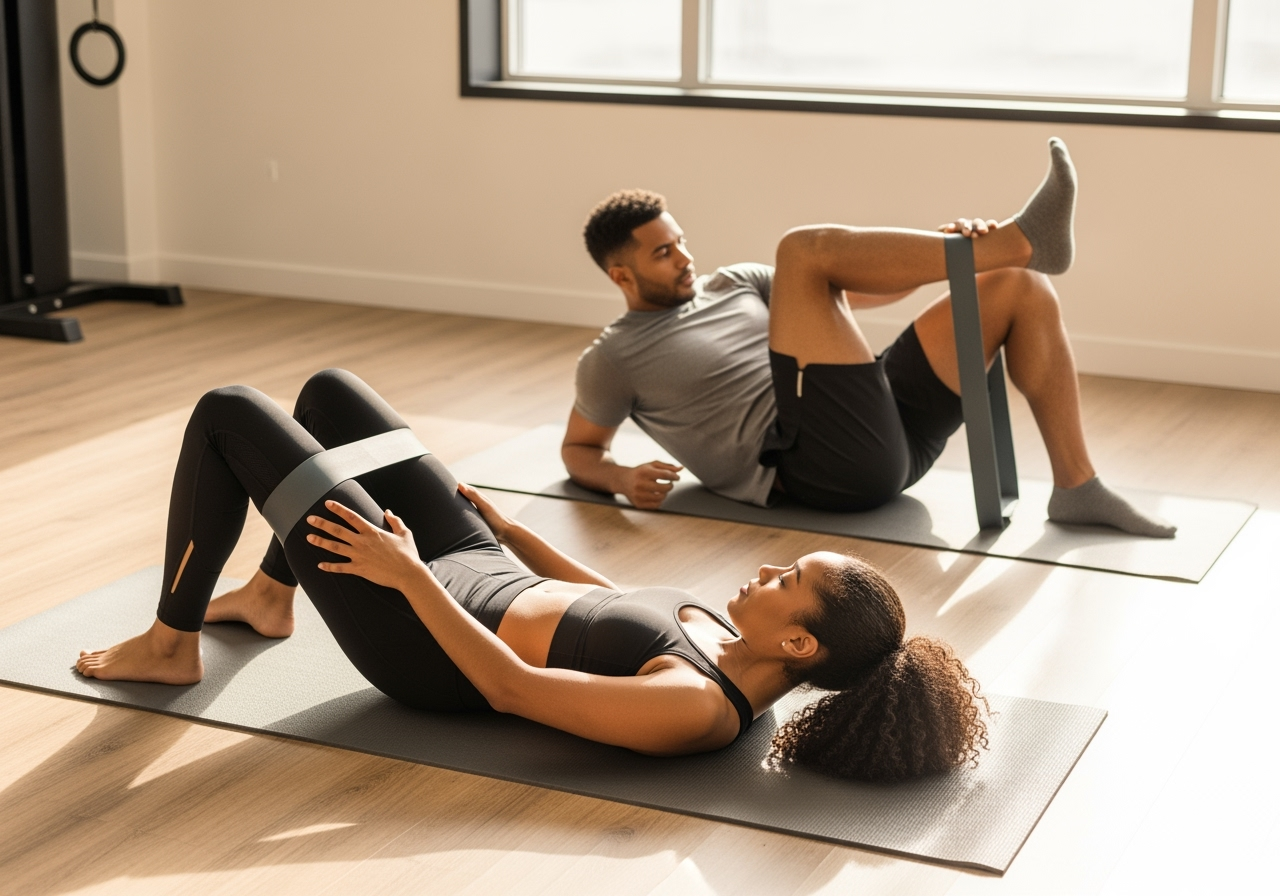 Two people exercising with resistance bands on mats indoors.