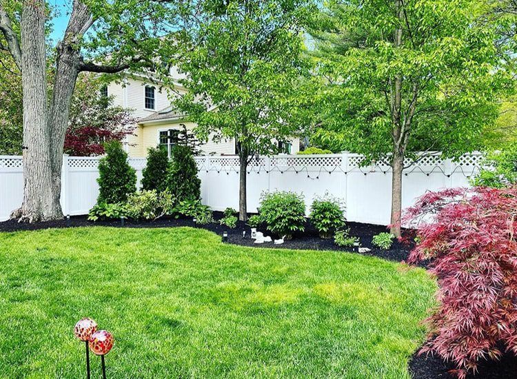 A lush green yard with a white fence and trees in front of a house.