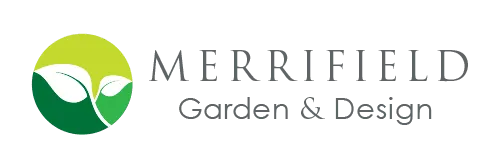 The merrifield garden and design logo is a green circle with leaves in it.