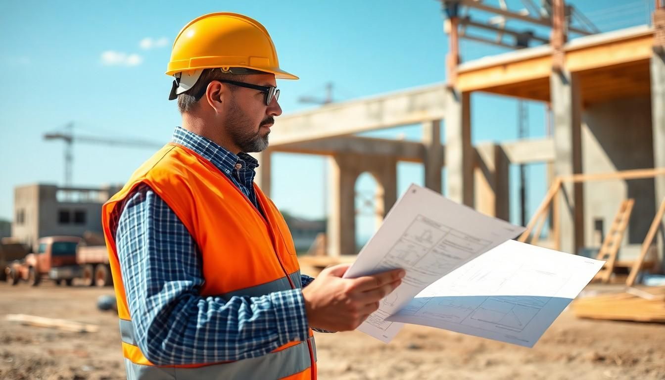 man with hard hat in construction site - draw inspection