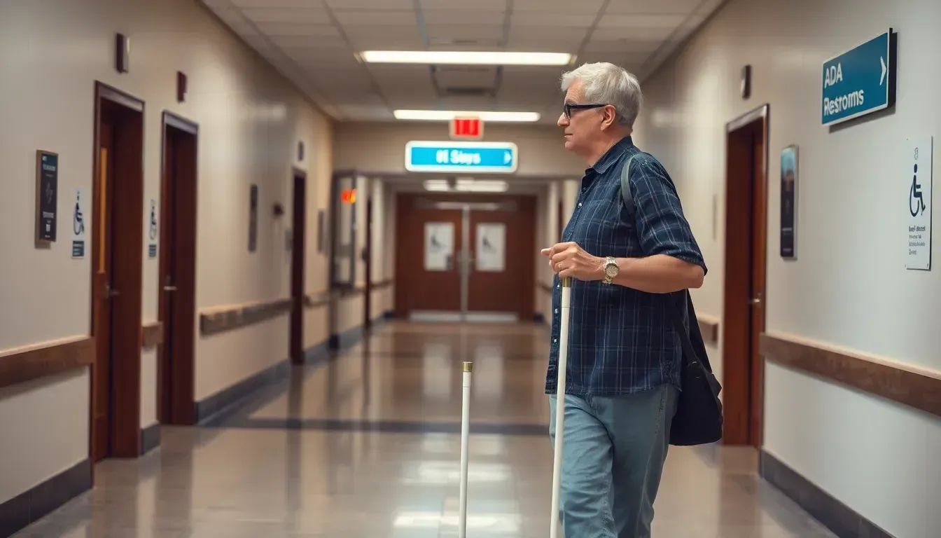 Man using walking stick looking at signage on the wall